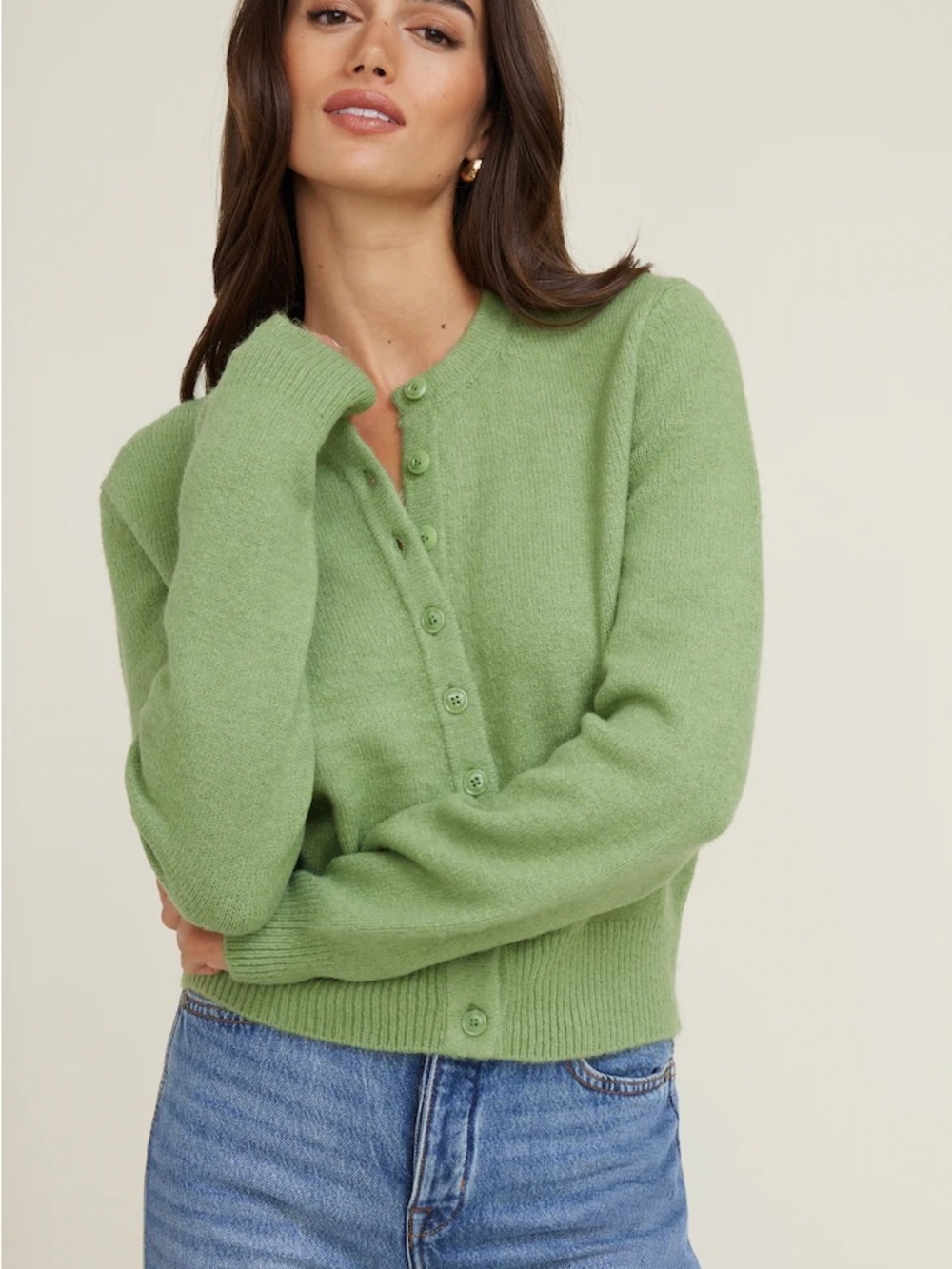 Dynamite Light Green Rebecca Round Neck Cardigan